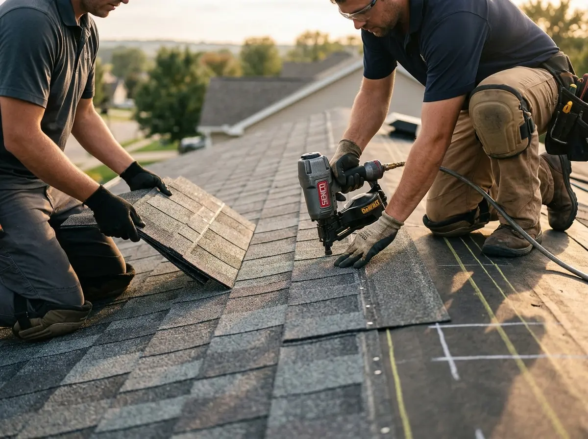 Professional roofer working on a residential roof in Town and Country